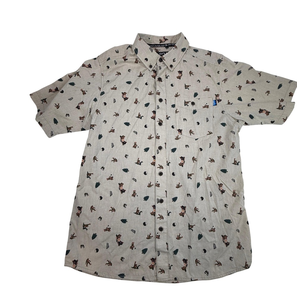 KAVU Juan Sasquatch Shirt Mens Medium Tan Bigfoot Print Short Sleeve Button Down